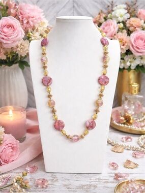 ARTISAN Rose Vein Jasper, Gold Murano Glass & Gold/Pink Crackled Glass Necklace